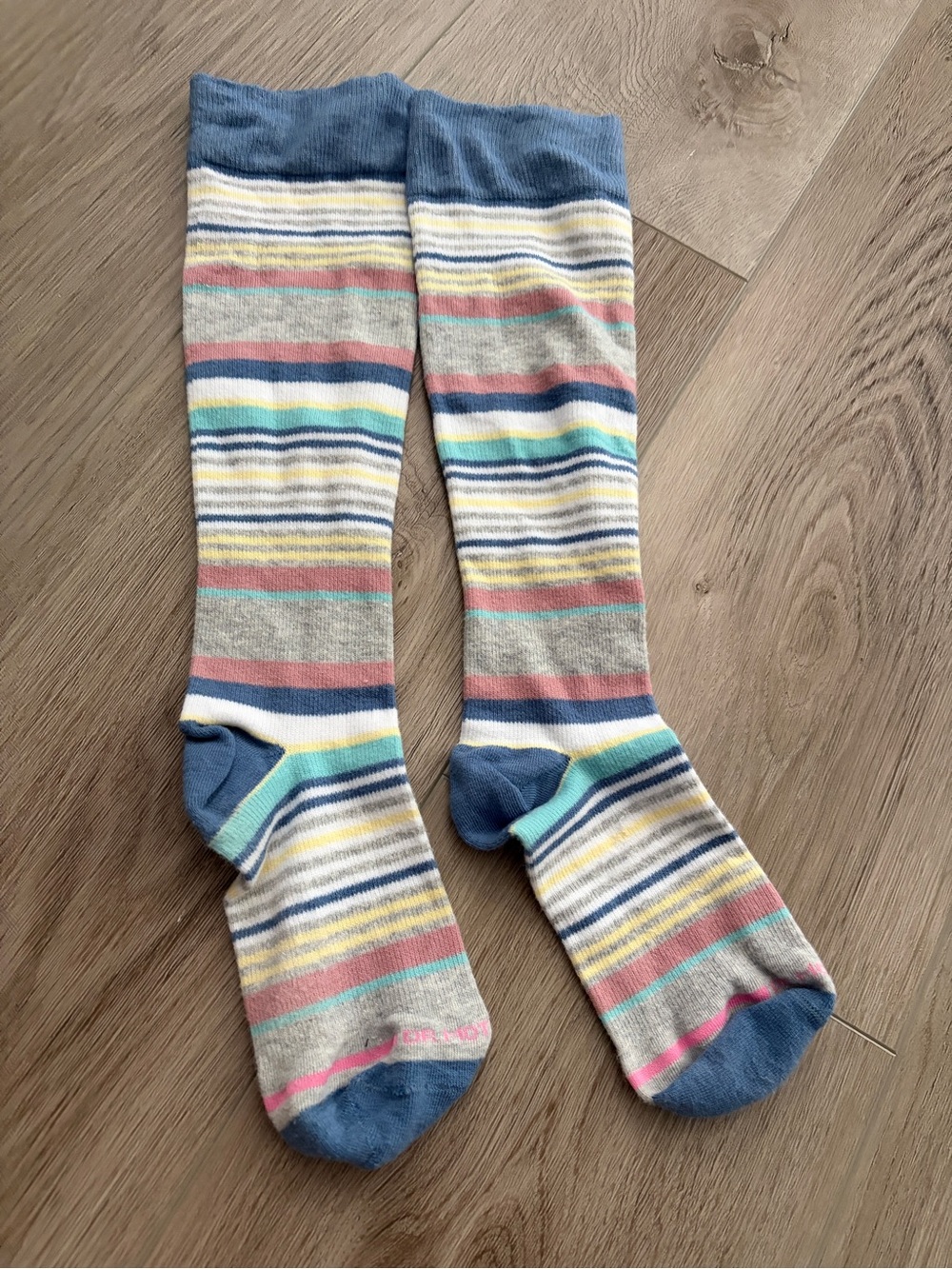 Striped Knee-High Socks in Blue, Gray, Pink & Yellow